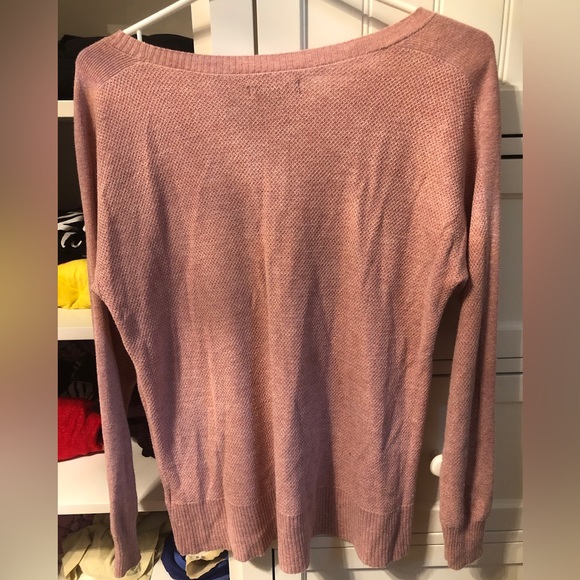 AE Pale Pink Knit Crochet Checked Pattern Long Sleeve Crew Neck Sweater - Picture 2 of 3